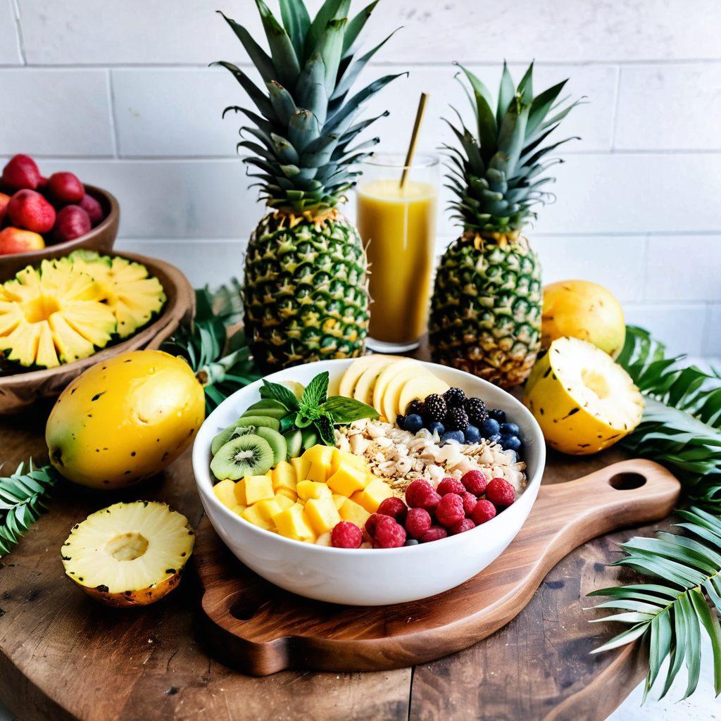 A sunlit kitchen countertop adorned with fresh pineapples, surrounded by vibrant tropical fruits like mangoes and coconuts. Display a beautifully styled smoothie bowl topped with pineapple chunks, and a recipe book open to a page featuring pineapple dishes. Include a hint of fresh herbs and a rustic wooden cutting board for texture. The atmosphere should feel warm and inviting, showcasing the sweetness of healthful eating. super-realistic. vibrant colors. white background.