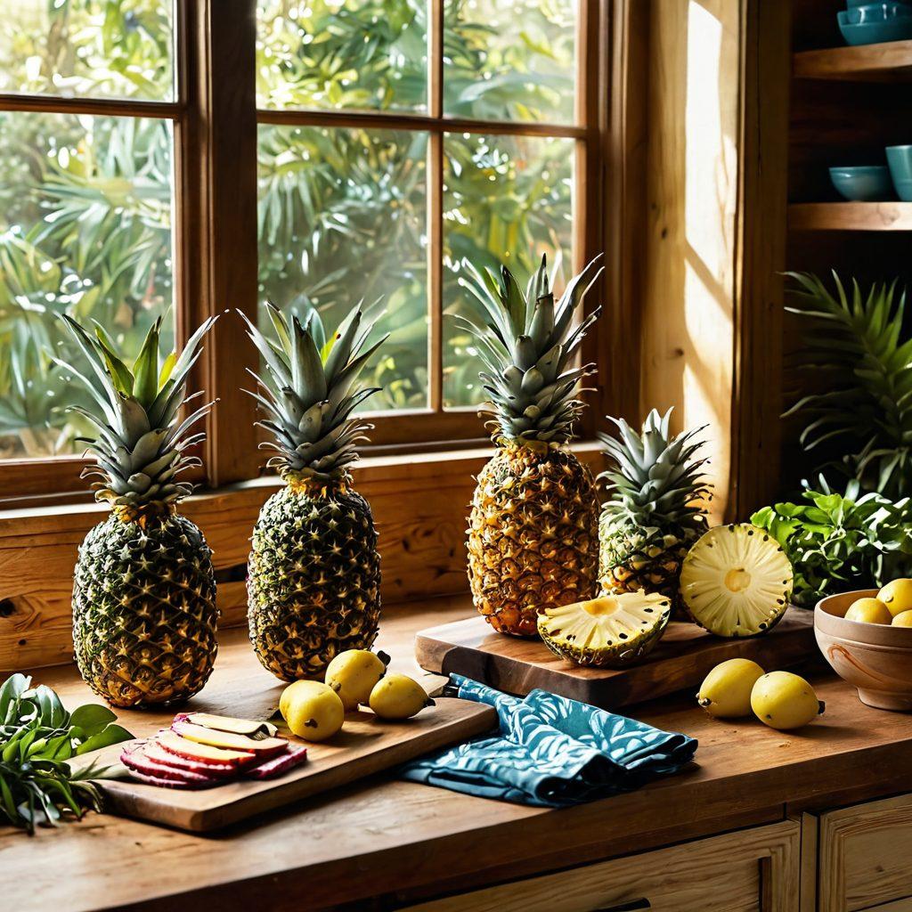 A vibrant, tropical kitchen setting featuring fresh pineapples creatively arranged alongside colorful dishes showcasing pineapple-infused recipes. Bright sunlight filters through a window, casting a warm glow on the scene, while a wooden cutting board and kitchen utensils add a rustic touch. Incorporate elements of healthy eating, like leafy greens and grains, to emphasize nutrition. Playful patterns and textures highlight culinary creativity, making the image inviting and inspiring. super-realistic. vibrant colors. warm lighting.