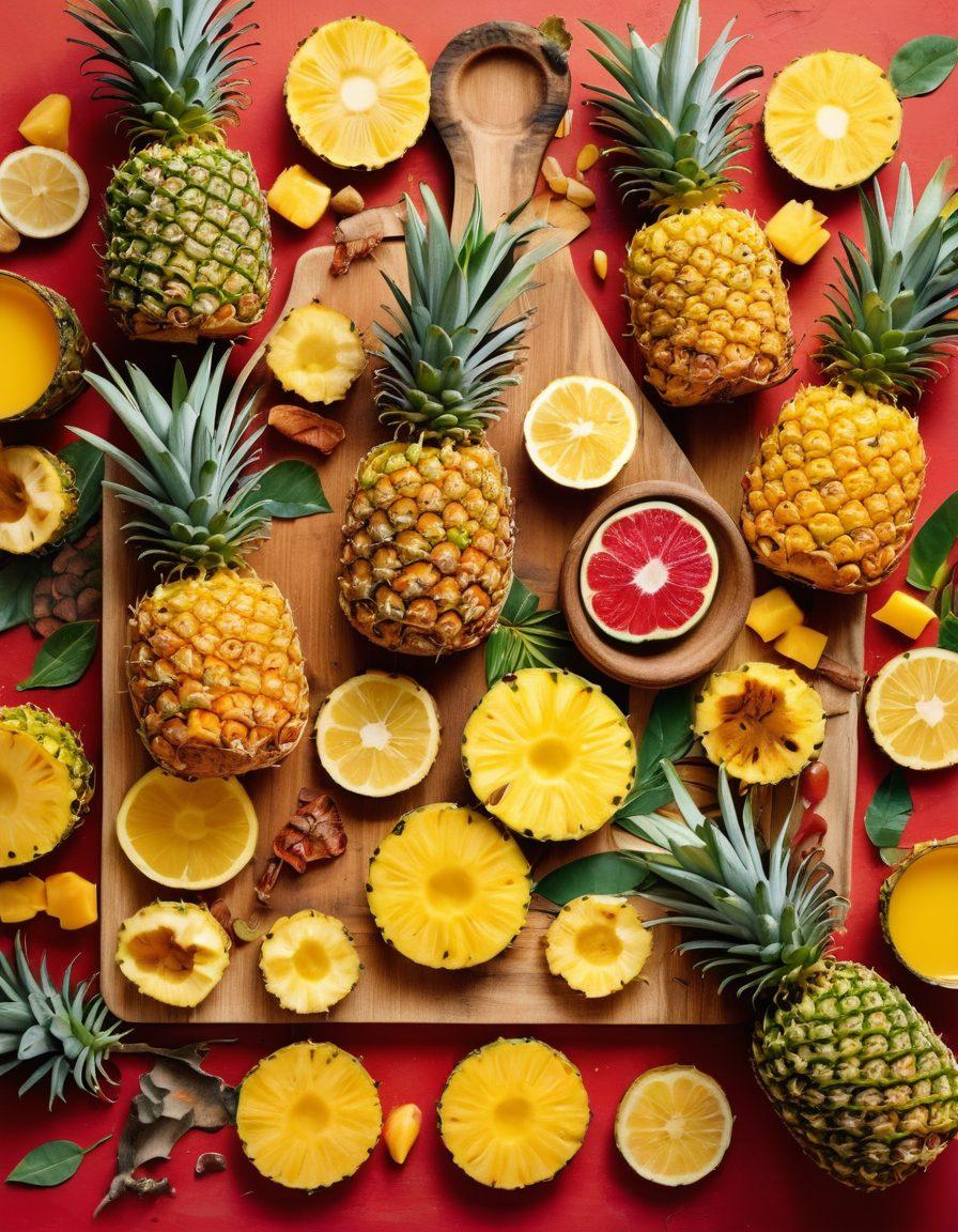 A vibrant collage featuring fresh pineapples, various pineapple-based dishes like salsa and smoothies, and dried pineapple snacks, with a warm, tropical background. Incorporate kitchen utensils like a cutting board and knife, adding a touch of creativity with pineapple-themed decorations. The layout should evoke a sense of an adventurous culinary journey. bright colors. organic style. hand-drawn illustration.